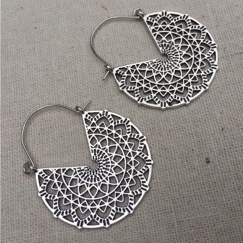 New Bohemian Mandala Minimalist Cut Out Hypoallergenic Silver Hoop Earrings